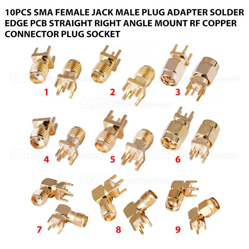 10Pcs SMA Female Jack Male Plug Adapter Solder Edge PCB Straight Right angle Mount RF Copper Connector Plug Socket