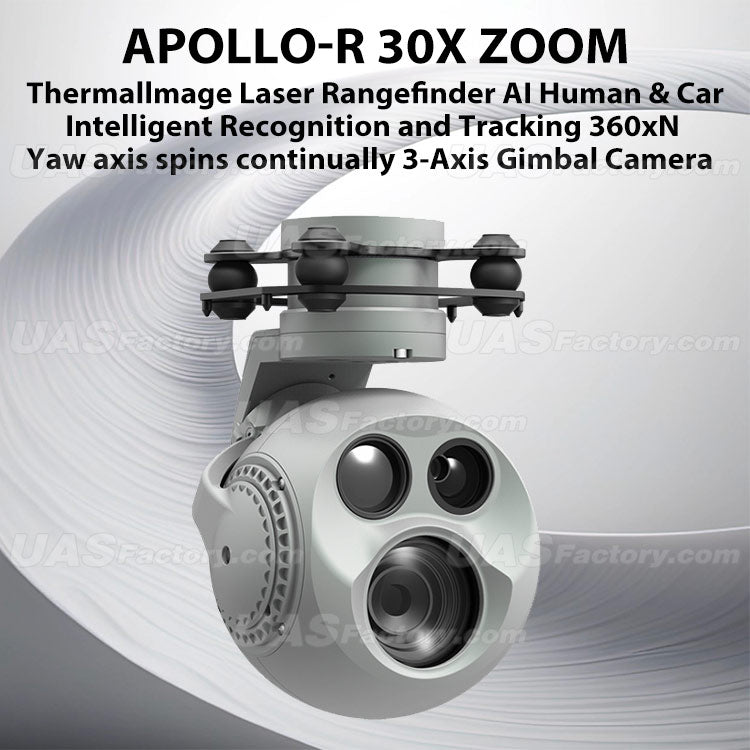 Apollo-R 30X Zoom Thermallmage Laser Rangefinder AI Human & Car Intelligent Recognition and Tracking 360xN Yaw axis spins continually 3-Axis Gimbal Camera