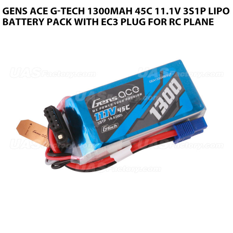 Gens Ace G-Tech 1300mAh 45C 11.1V 3S1P Lipo Battery Pack With EC3 Plug For RC Plane