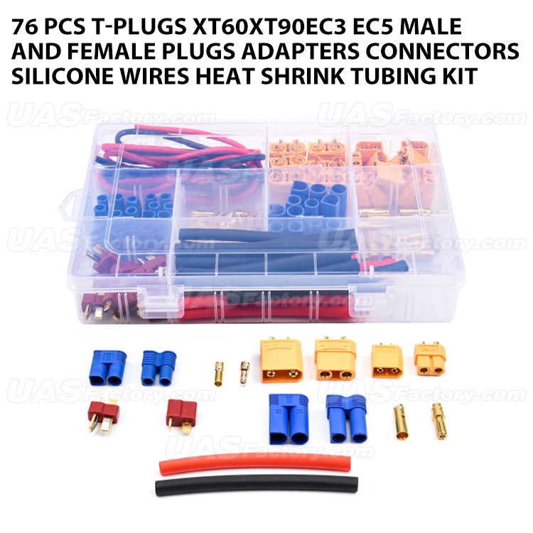 76 pcs T-plugs XT60XT90EC3 EC5 male and female plugs adapters connectors silicone wires heat shrink tubing kit