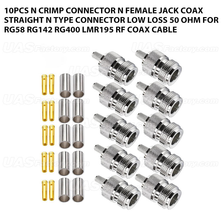 10pcs N Crimp Connector N Female Jack Coax Straight N Type Connector Low Loss 50 ohm for RG58 RG142 RG400 LMR195 RF Coax Cable