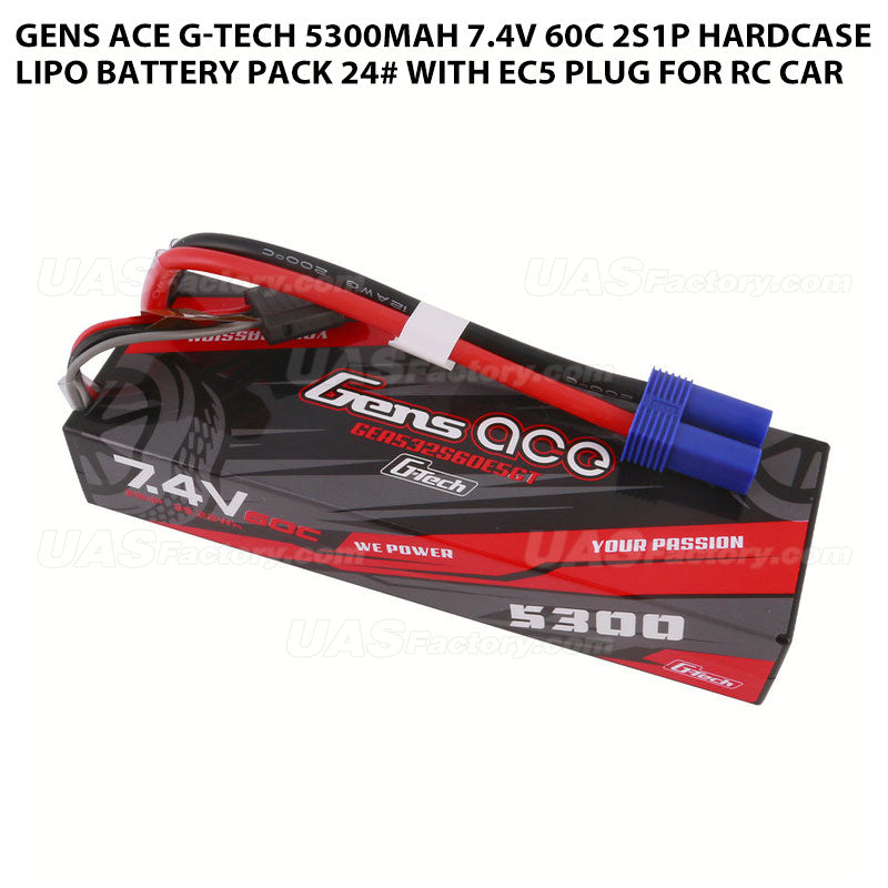 Gens Ace G-Tech 5300mAh 7.4V 60C 2S1P HardCase Lipo Battery Pack 24# With EC5 Plug For RC Car