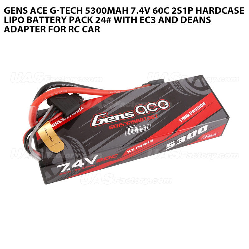 Gens Ace G-Tech 5300mAh 7.4V 60C 2S1P HardCase Lipo Battery Pack 24# With EC3 And Deans Adapter For RC Car