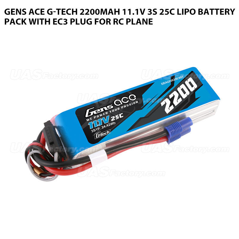 Gens Ace G-Tech 2200mAh 11.1V 3S 25C Lipo Battery Pack With EC3 Plug For RC Plane