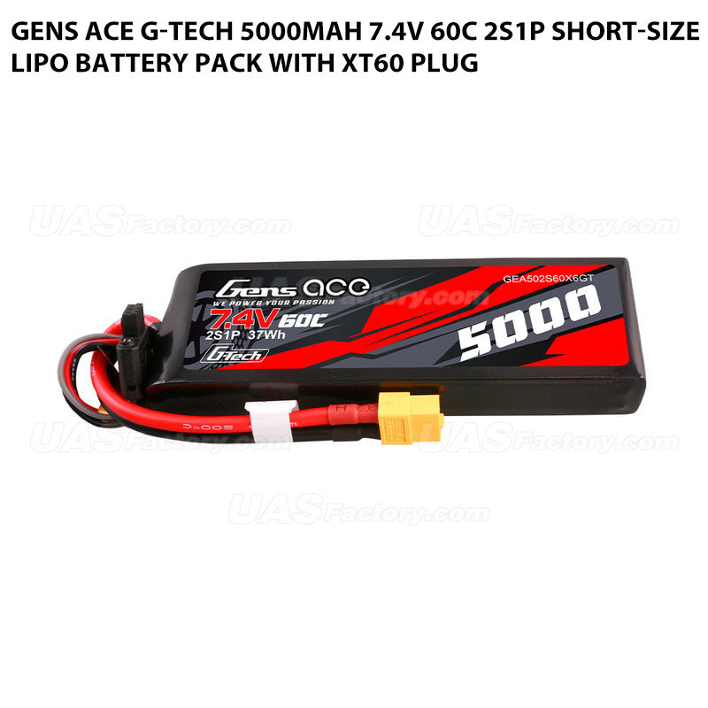 Gens Ace G-Tech 5000mAh 7.4V 60C 2S1P Short-Size Lipo Battery Pack With XT60 Plug