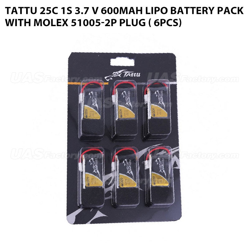 Tattu 25C 1S 3.7 V 600mah Lipo Battery Pack With Molex 51005-2P Plug ( 6pcs)