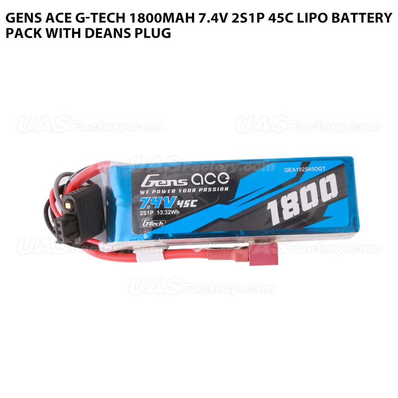 Gens Ace G-Tech 1800mAh 7.4V 2S1P 45C Lipo Battery Pack With Deans Plug