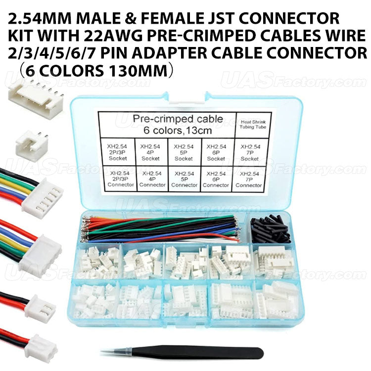 2.54MM Male & Female JST Connector Kit with 22AWG Pre-Crimped Cables Wire 2/3/4/5/6/7 Pin Adapter Cable Connector（6 Colors 130mm）