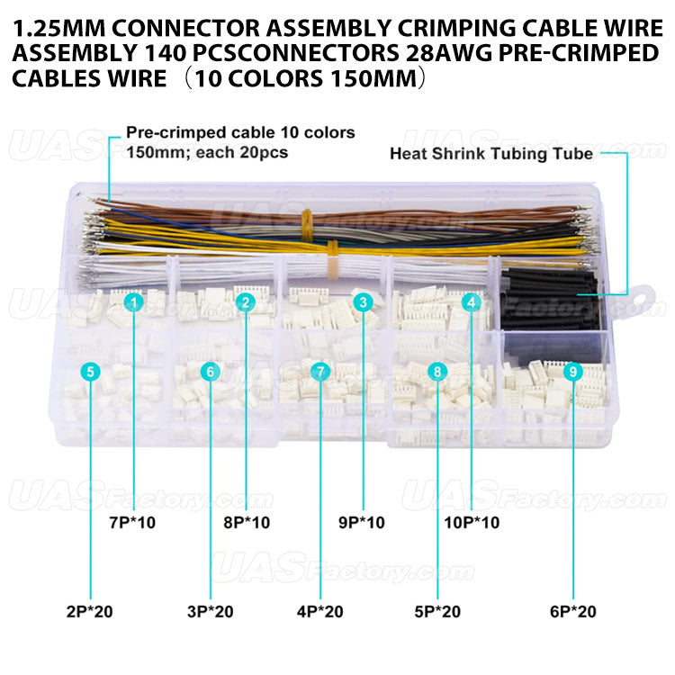1.25MM Connector assembly crimping cable wire assembly 140 pcsconnectors 28AWG Pre-Crimped Cables Wire（10 Colors 150mm）