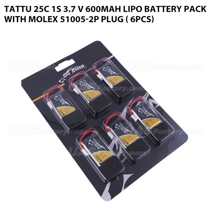 Tattu 25C 1S 3.7 V 600mah Lipo Battery Pack With Molex 51005-2P Plug ( 6pcs)