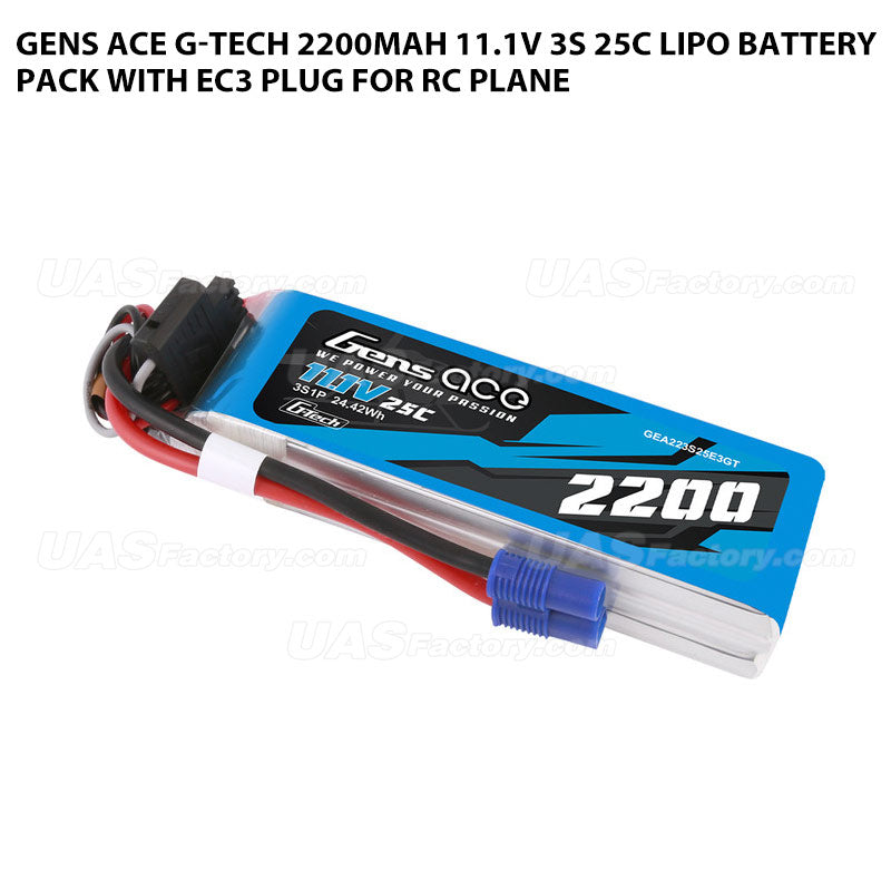 Gens Ace G-Tech 2200mAh 11.1V 3S 25C Lipo Battery Pack With EC3 Plug For RC Plane