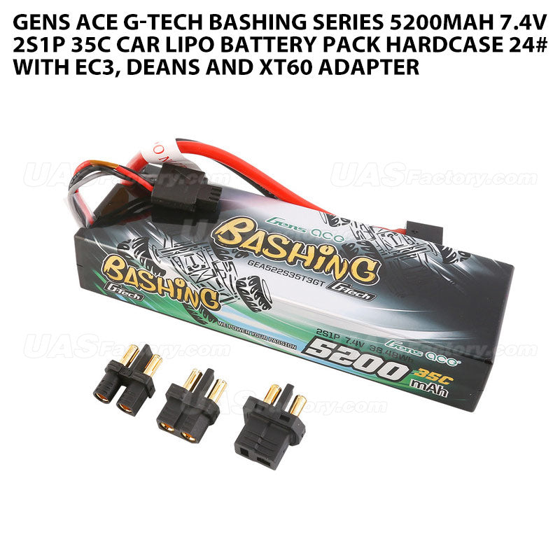 Gens Ace G-Tech Bashing Series 5200mAh 7.4V 2S1P 35C Car Lipo Battery Pack Hardcase 24# With EC3, Deans And XT60 Adapter