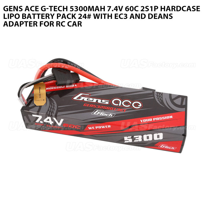 Gens Ace G-Tech 5300mAh 7.4V 60C 2S1P HardCase Lipo Battery Pack 24# With EC3 And Deans Adapter For RC Car