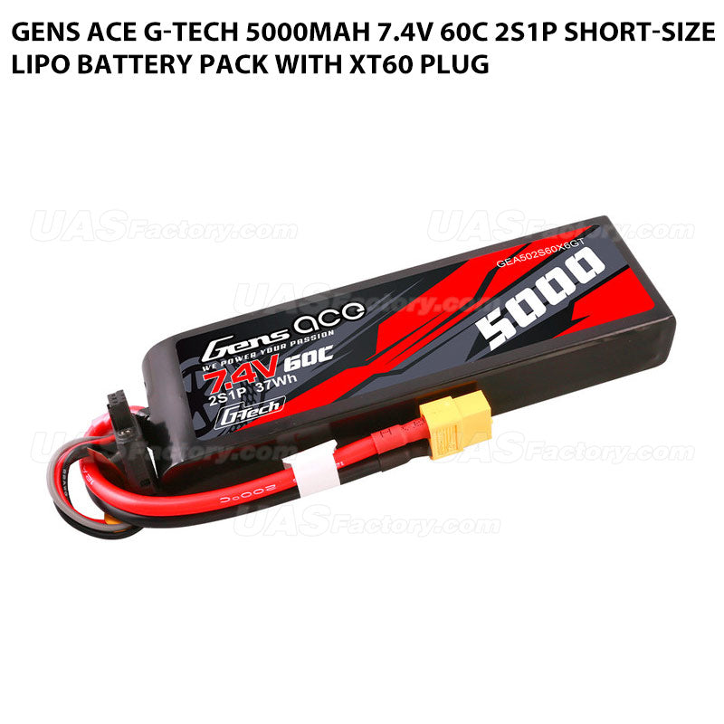 Gens Ace G-Tech 5000mAh 7.4V 60C 2S1P Short-Size Lipo Battery Pack With XT60 Plug