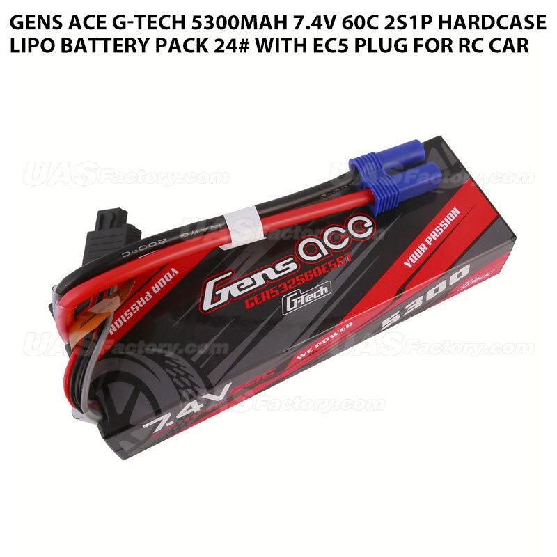 Gens Ace G-Tech 5300mAh 7.4V 60C 2S1P HardCase Lipo Battery Pack 24# With EC5 Plug For RC Car