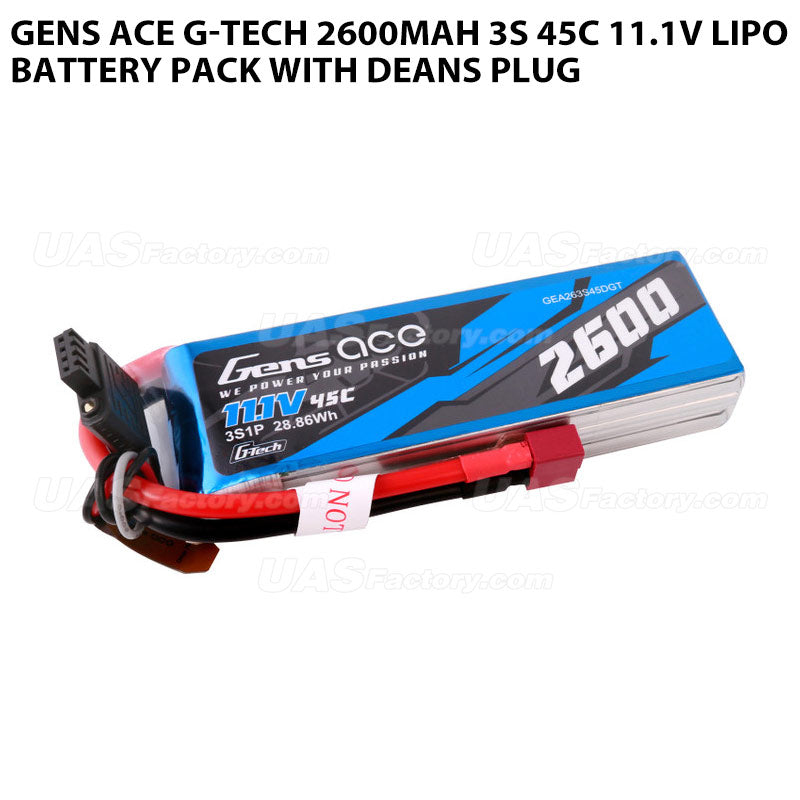 Gens Ace G-Tech 2600mAh 3S 45C 11.1V Lipo Battery Pack With Deans Plug