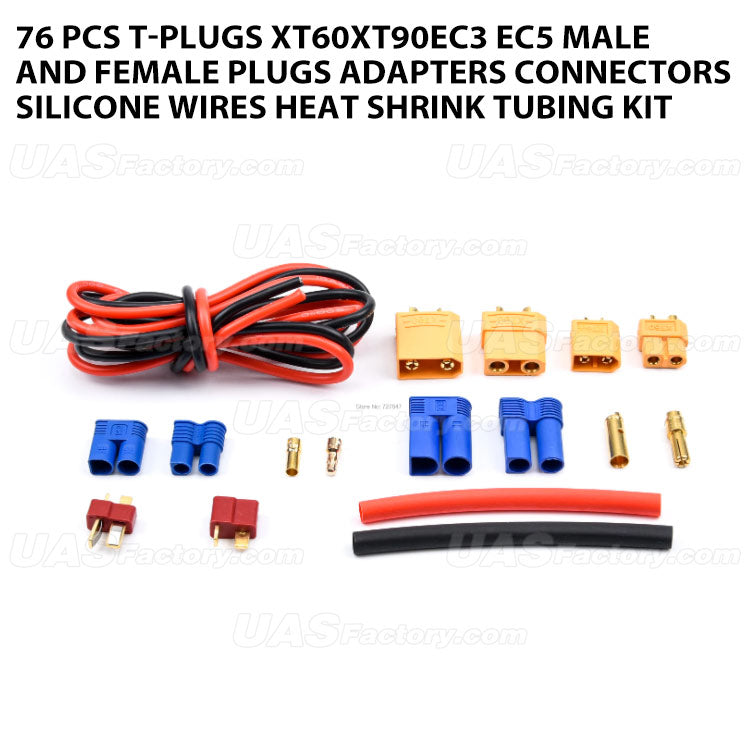 76 pcs T-plugs XT60XT90EC3 EC5 male and female plugs adapters connectors silicone wires heat shrink tubing kit