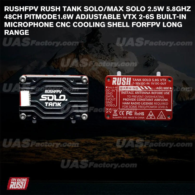 RUSHFPV RUSH TANK SOLO/MAX SOLO 2.5W 5.8GHz 48CH PitMode1.6W Adjustable VTX 2-6S Built-in Microphone CNC Cooling Shell forFPV Long Range