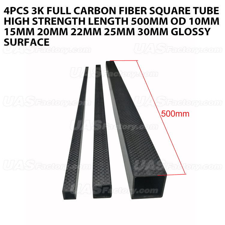 4pcs 3K full carbon fiber square tube high strength length 500mm OD 10mm 15mm 20mm 22mm 25mm 30mm Glossy Surface