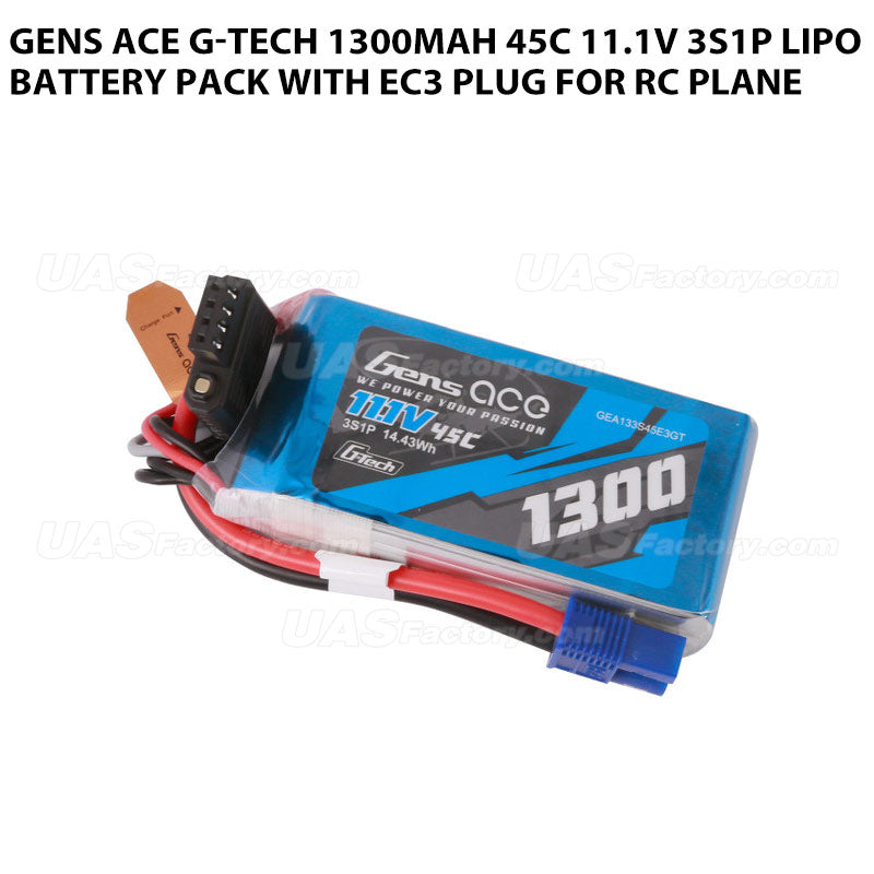 Gens Ace G-Tech 1300mAh 45C 11.1V 3S1P Lipo Battery Pack With EC3 Plug For RC Plane