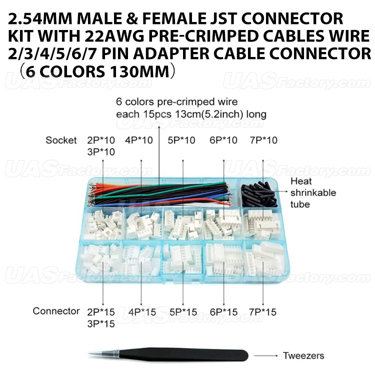 2.54MM Male & Female JST Connector Kit with 22AWG Pre-Crimped Cables Wire 2/3/4/5/6/7 Pin Adapter Cable Connector（6 Colors 130mm）