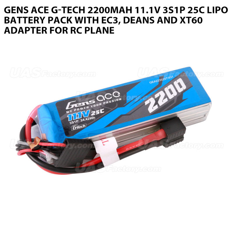 Gens Ace G-Tech 2200mAh 11.1V 3S1P 25C Lipo Battery Pack With EC3, Deans And XT60 Adapter For RC Plane