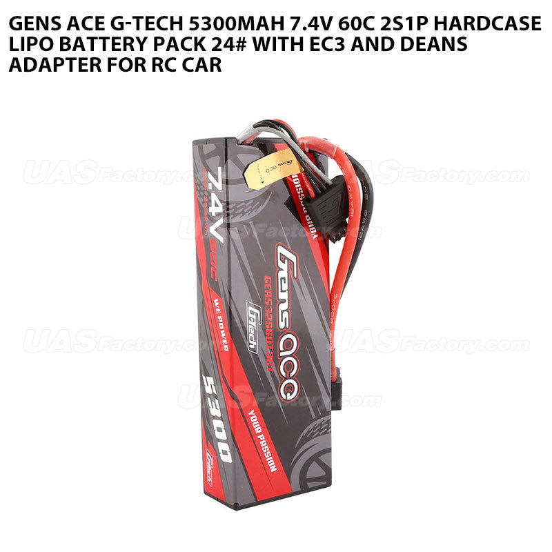 Gens Ace G-Tech 5300mAh 7.4V 60C 2S1P HardCase Lipo Battery Pack 24# With EC3 And Deans Adapter For RC Car