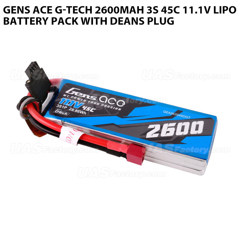 Gens Ace G-Tech 2600mAh 3S 45C 11.1V Lipo Battery Pack With Deans Plug