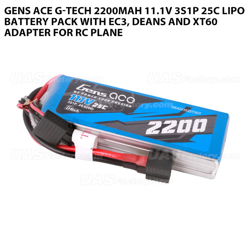 Gens Ace G-Tech 2200mAh 11.1V 3S1P 25C Lipo Battery Pack With EC3, Deans And XT60 Adapter For RC Plane