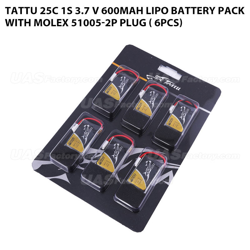 Tattu 25C 1S 3.7 V 600mah Lipo Battery Pack With Molex 51005-2P Plug ( 6pcs)