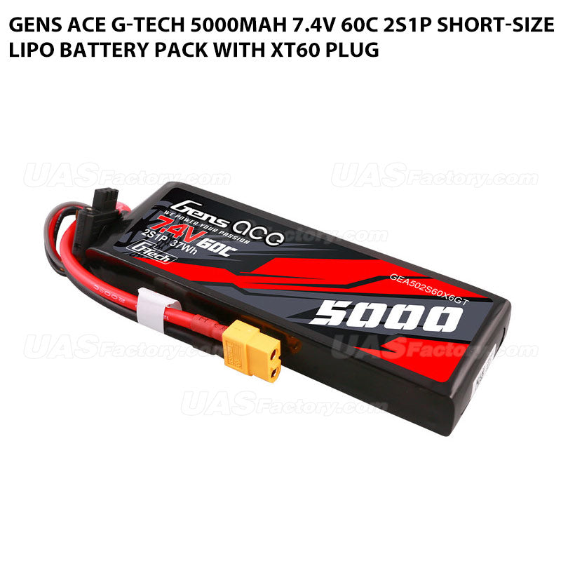 Gens Ace G-Tech 5000mAh 7.4V 60C 2S1P Short-Size Lipo Battery Pack With XT60 Plug