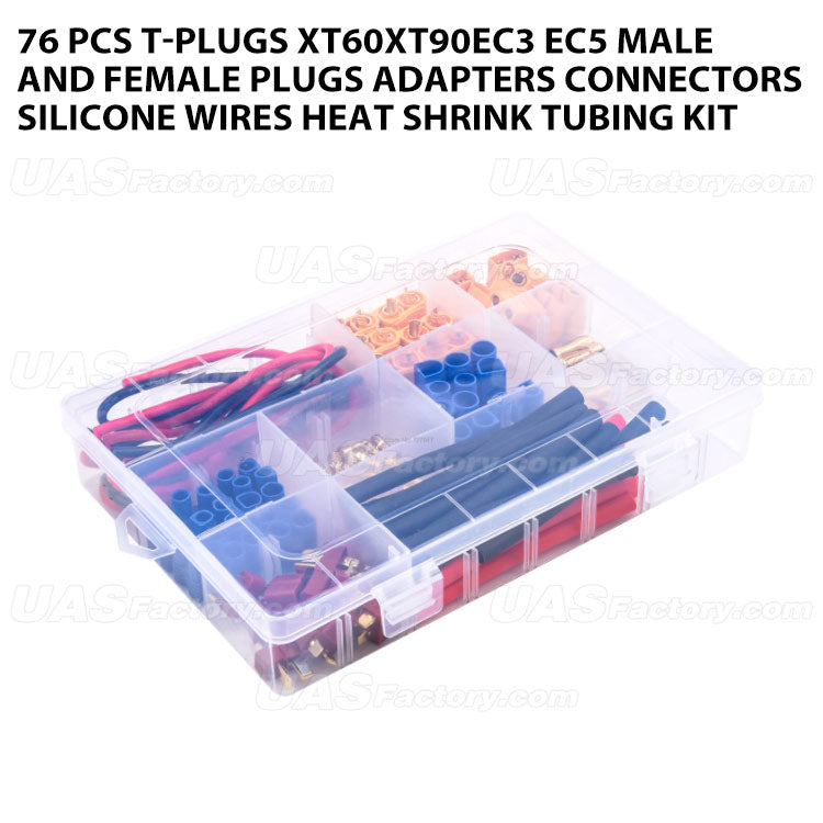 76 pcs T-plugs XT60XT90EC3 EC5 male and female plugs adapters connectors silicone wires heat shrink tubing kit