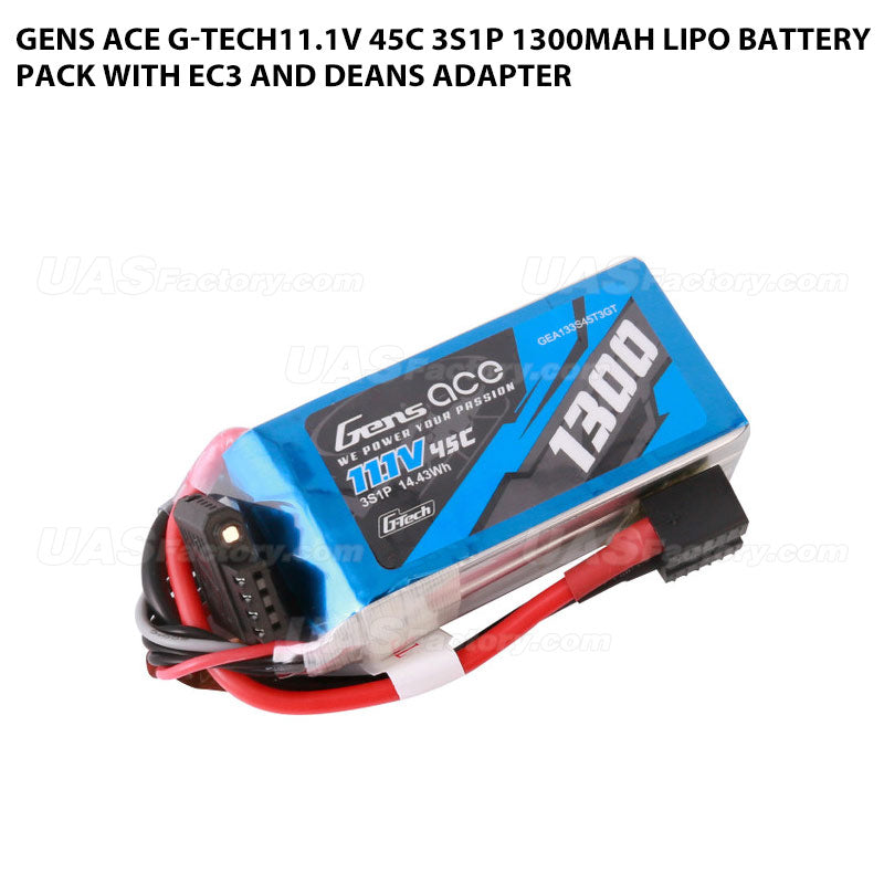 Gens Ace G-Tech11.1V 45C 3S1P 1300mAh Lipo Battery Pack With EC3 And Deans Adapter