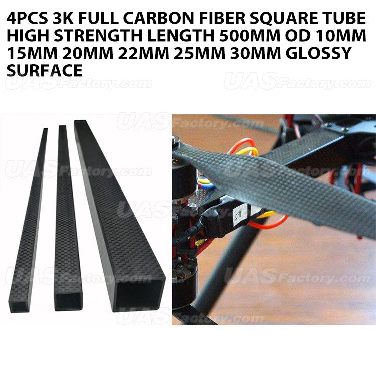 4pcs 3K full carbon fiber square tube high strength length 500mm OD 10mm 15mm 20mm 22mm 25mm 30mm Glossy Surface