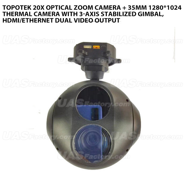 Topotek 20x Optical Zoom Camera + 35mm 1280*1024 Thermal Camera with 3-Axis Stabilized Gimbal, HDMI/Ethernet Dual Video Output