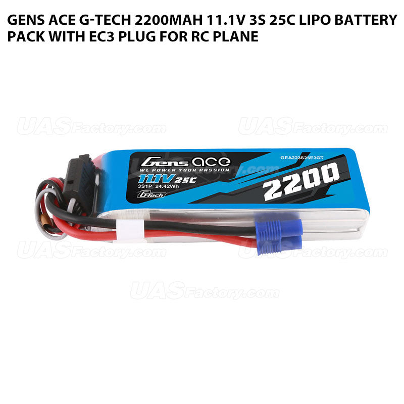 Gens Ace G-Tech 2200mAh 11.1V 3S 25C Lipo Battery Pack With EC3 Plug For RC Plane