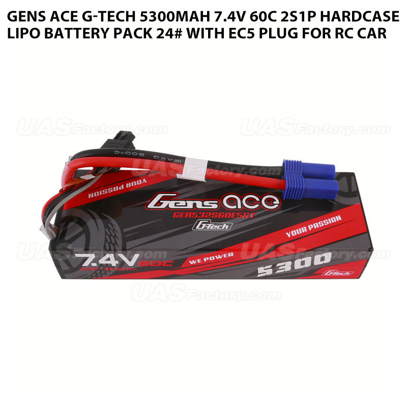 Gens Ace G-Tech 5300mAh 7.4V 60C 2S1P HardCase Lipo Battery Pack 24# With EC5 Plug For RC Car