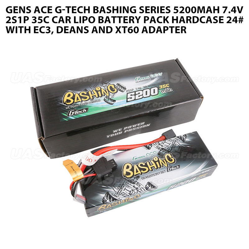 Gens Ace G-Tech Bashing Series 5200mAh 7.4V 2S1P 35C Car Lipo Battery Pack Hardcase 24# With EC3, Deans And XT60 Adapter