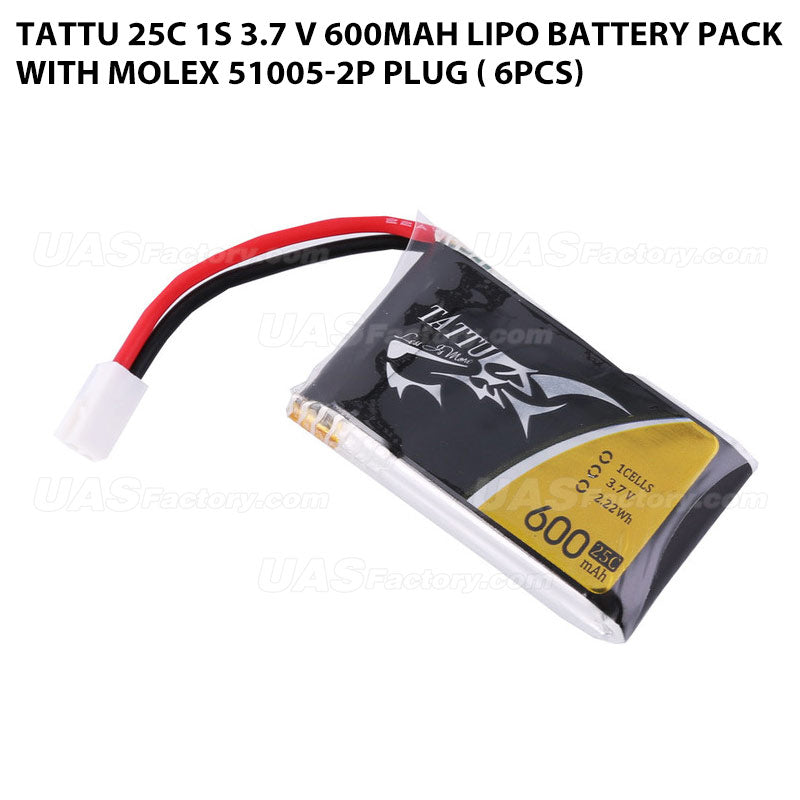 Tattu 25C 1S 3.7 V 600mah Lipo Battery Pack With Molex 51005-2P Plug ( 6pcs)