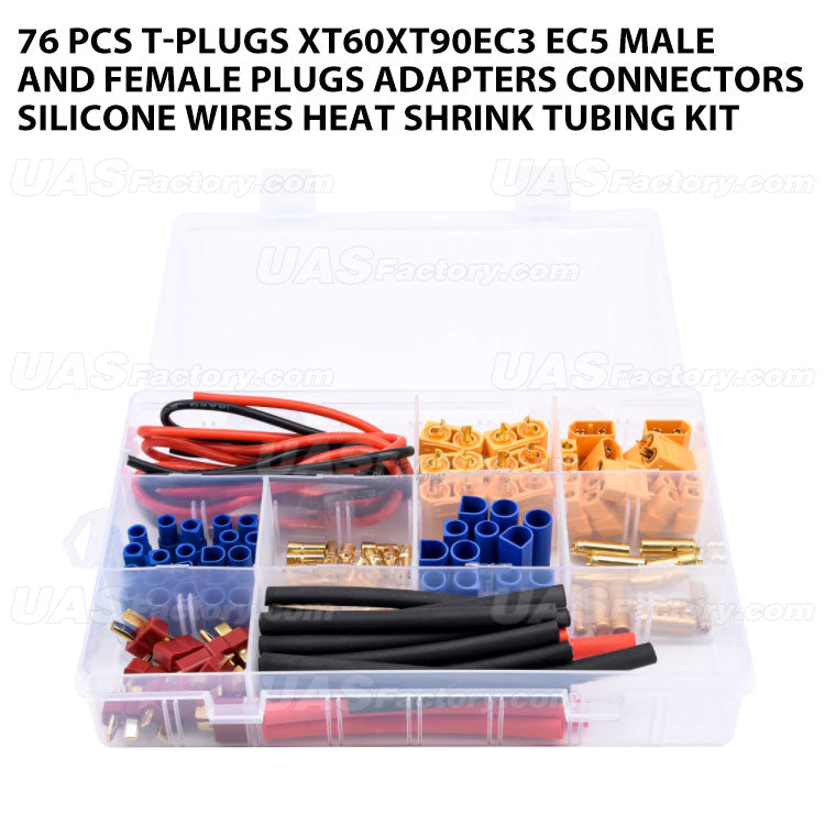 76 pcs T-plugs XT60XT90EC3 EC5 male and female plugs adapters connectors silicone wires heat shrink tubing kit