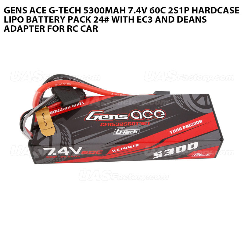 Gens Ace G-Tech 5300mAh 7.4V 60C 2S1P HardCase Lipo Battery Pack 24# With EC3 And Deans Adapter For RC Car