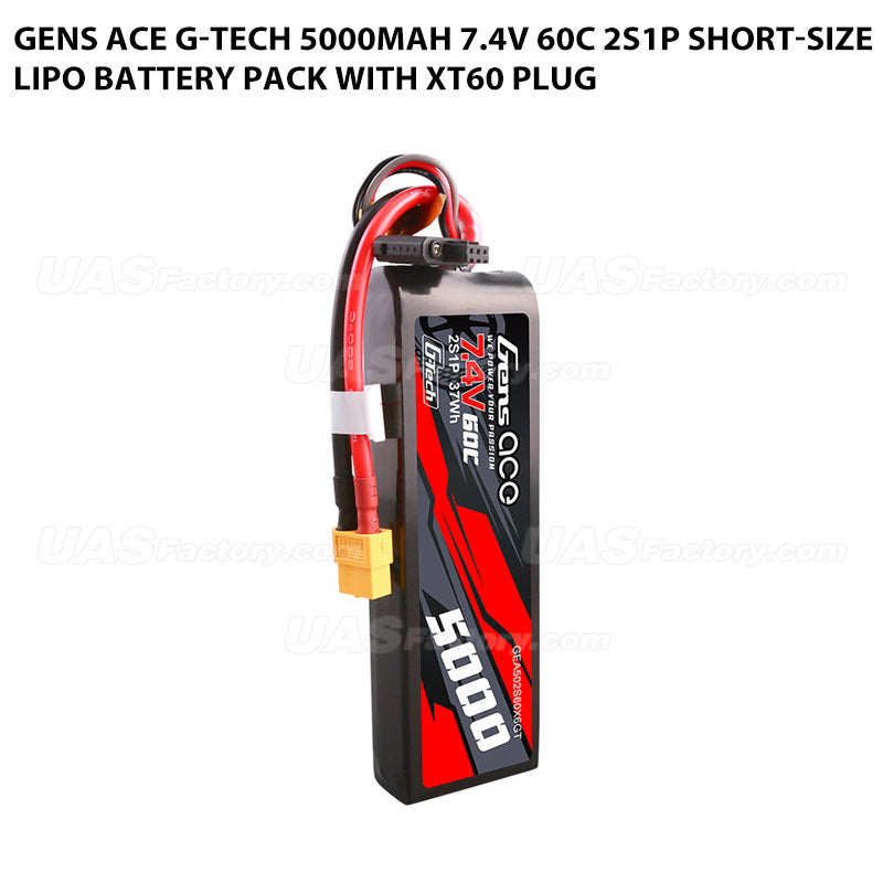 Gens Ace G-Tech 5000mAh 7.4V 60C 2S1P Short-Size Lipo Battery Pack With XT60 Plug