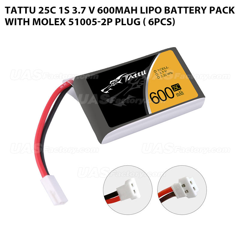 Tattu 25C 1S 3.7 V 600mah Lipo Battery Pack With Molex 51005-2P Plug ( 6pcs)