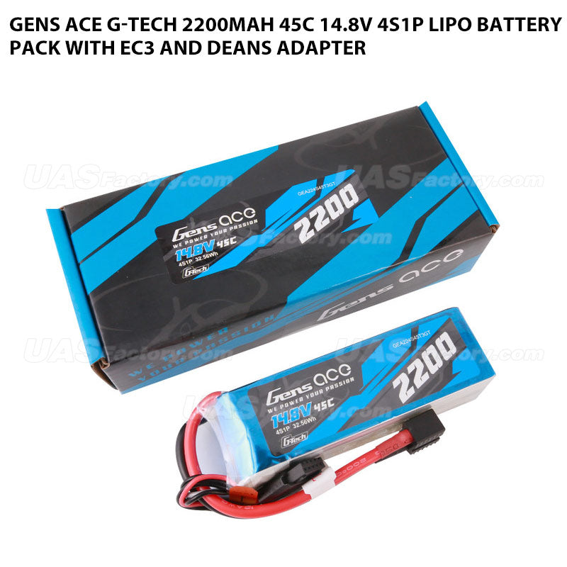 Gens Ace G-Tech 2200mAh 45C 14.8V 4S1P Lipo Battery Pack With EC3 And Deans Adapter