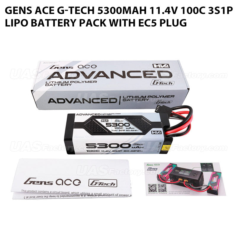 Gens Ace G-Tech 5300mAh 11.4V 100C 3S1P Lipo Battery Pack With EC5 Plug