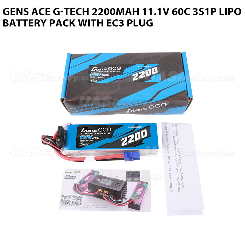 Gens Ace G-Tech 2200mAh 11.1V 60C 3S1P Lipo Battery Pack With EC3 Plug