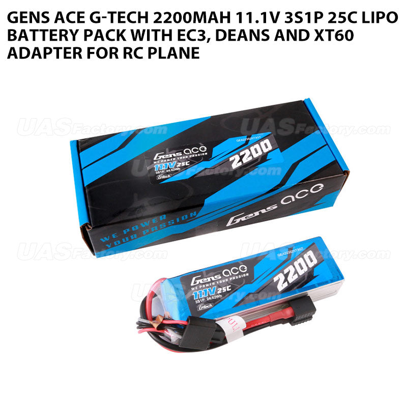 Gens Ace G-Tech 2200mAh 11.1V 3S1P 25C Lipo Battery Pack With EC3, Deans And XT60 Adapter For RC Plane