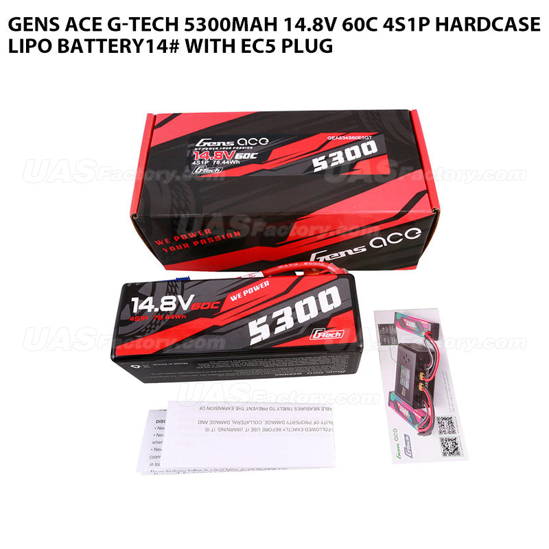 Gens Ace G-Tech 5300mAh 14.8V 60C 4S1P HardCase Lipo Battery14# With EC5 Plug