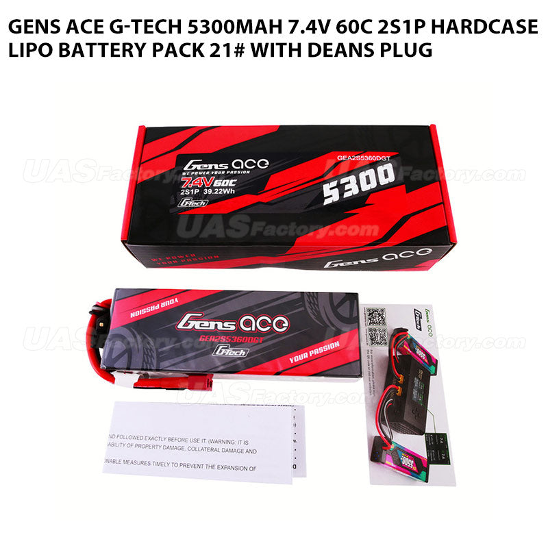 Gens Ace G-Tech 5300mAh 7.4V 60C 2S1P HardCase Lipo Battery Pack 21# With Deans Plug