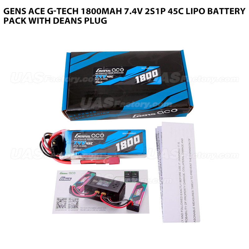 Gens Ace G-Tech 1800mAh 7.4V 2S1P 45C Lipo Battery Pack With Deans Plug